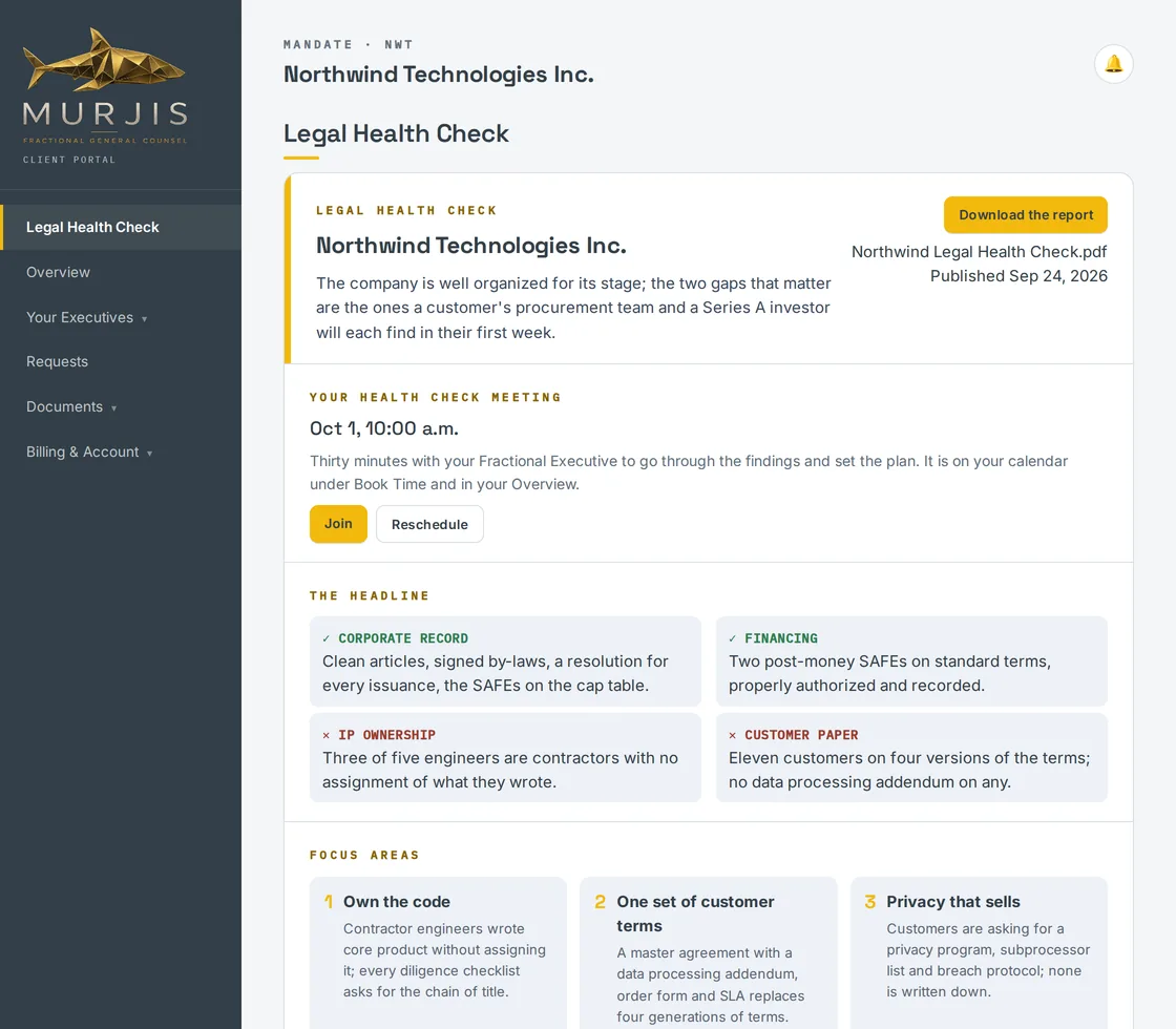 The client portal Legal Health Check page for the sample company: the report to download, the booked thirty-minute meeting, the headline findings and three focus areas.