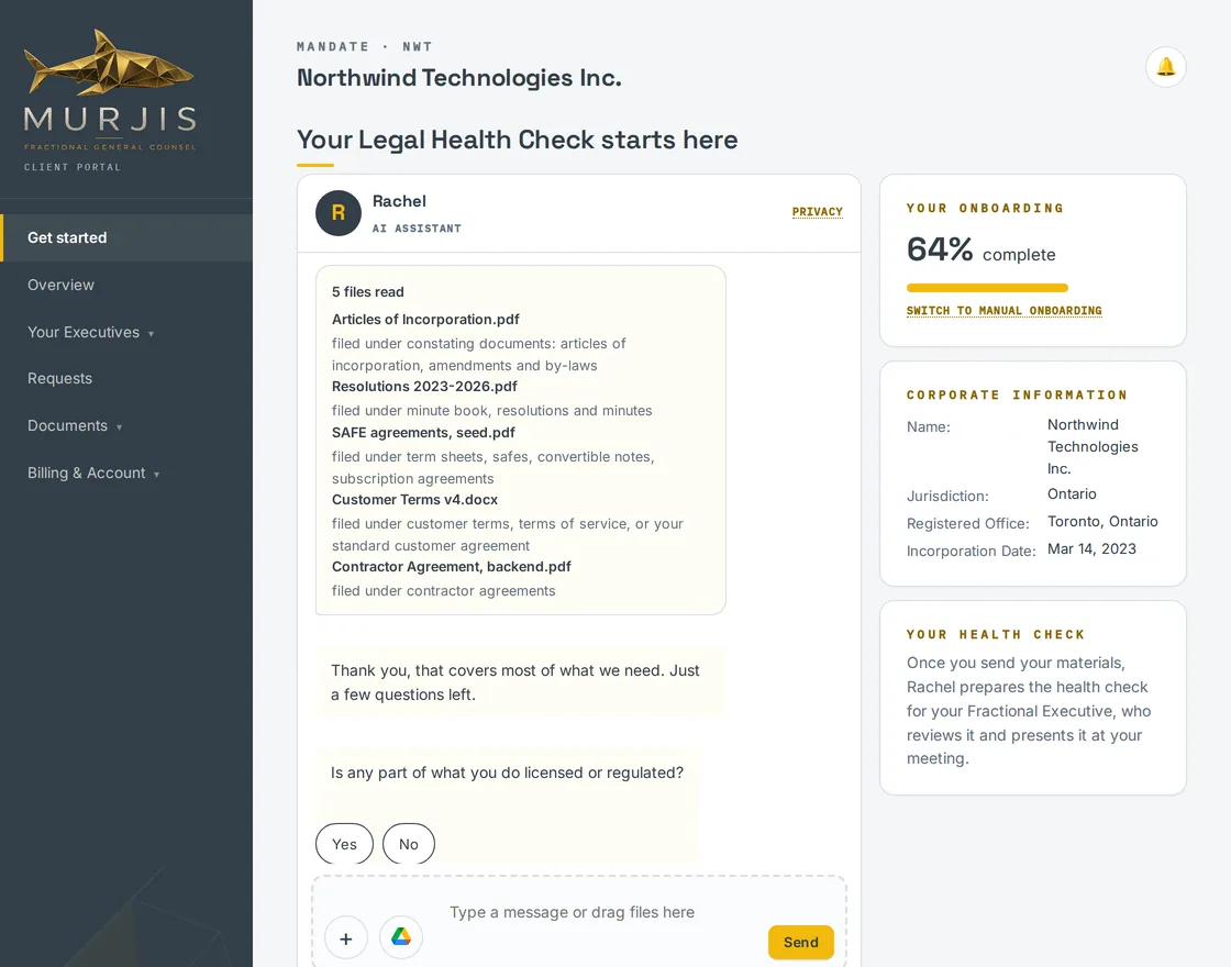 The client portal onboarding page: Rachel has read five documents and filed each one, and asks whether any part of the business is licensed or regulated.