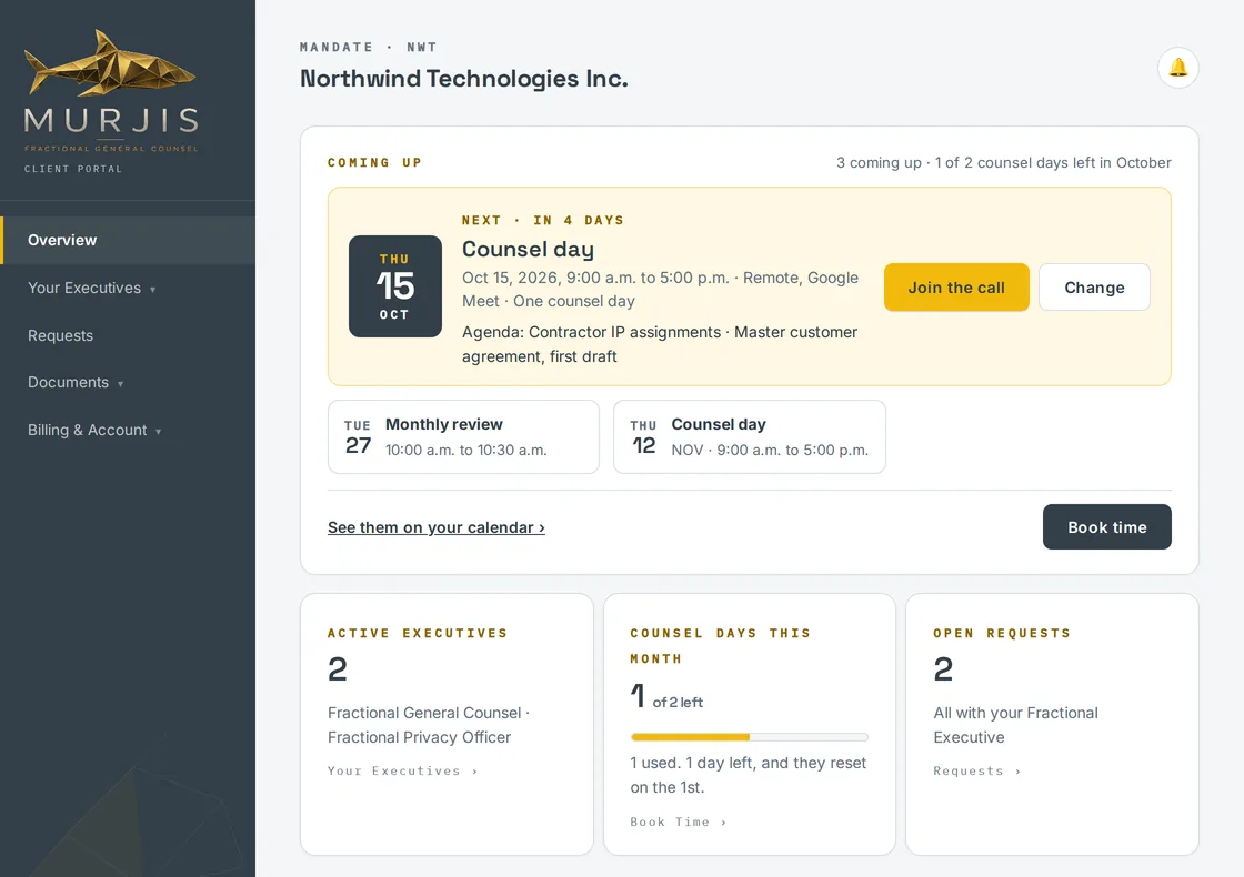 The client portal overview: the next booked counsel day with its agenda, the bookings after it, and the counsel days left this month.