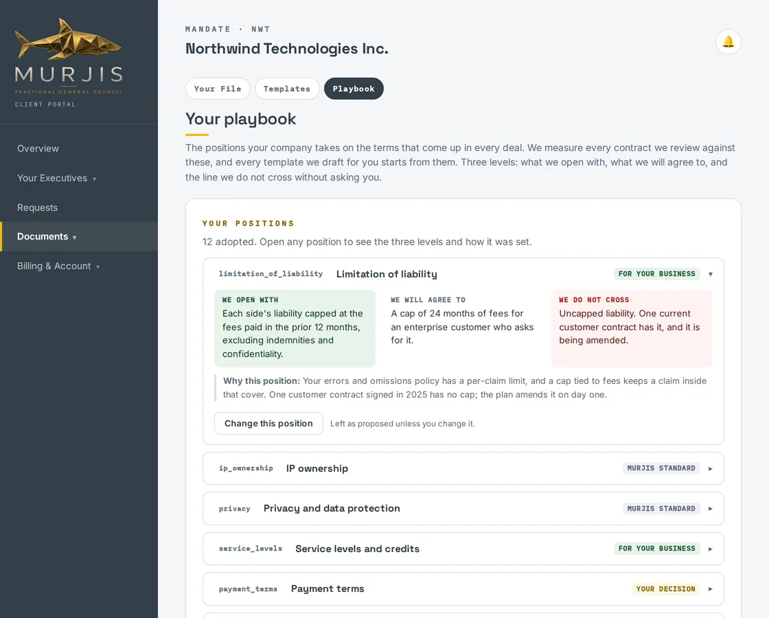 The client portal playbook page: the limitation of liability position, showing what we open with, what we will agree to, what we do not cross, and why.