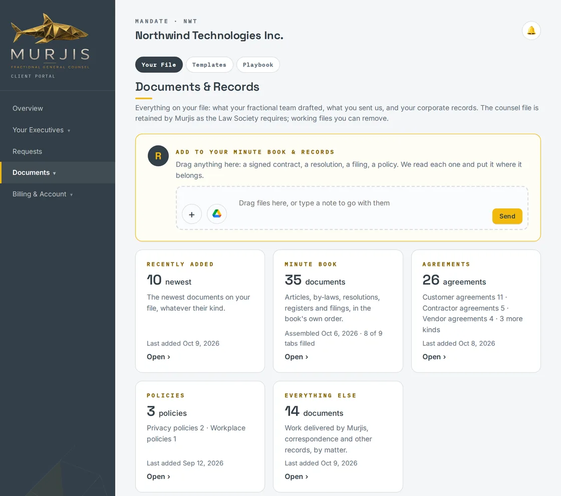 The client portal documents page: Rachel's drop box for new records, and the file sorted into recently added, minute book, agreements, policies and everything else.