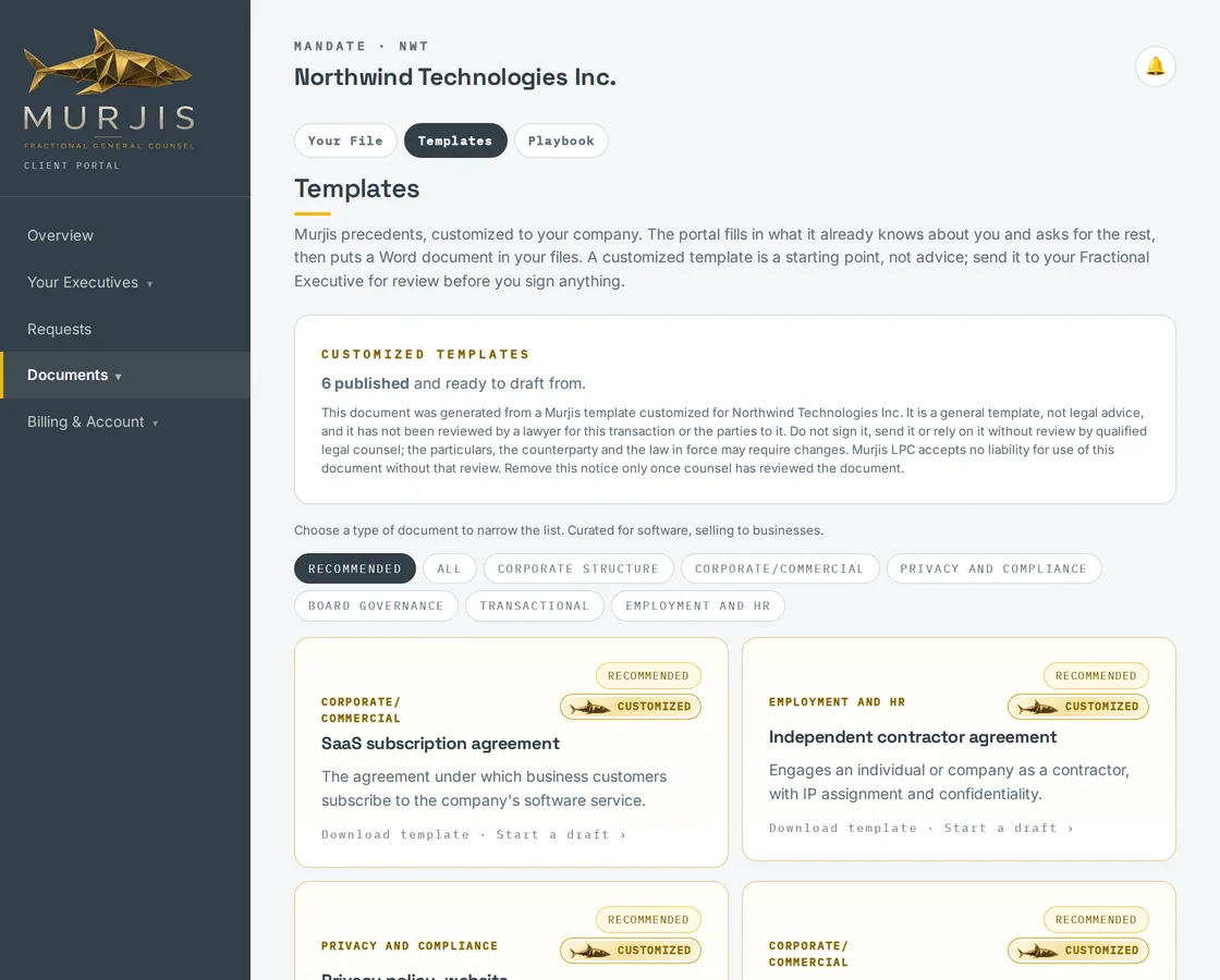 The client portal templates page: customized templates recommended for the sample company, each marked customized, with the template disclaimer above them.