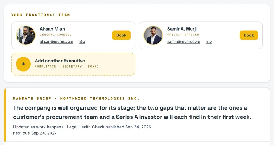 Close-up of the client overview: Ahsan Mian, General Counsel, and Samir A. Murji, Privacy Officer, with their photos and a Book button each, above the Mandate Brief.