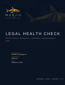 The Legal Health Check for the sample company: the report cover, the scorecard of ten areas and the plan for the year from the meeting deck.