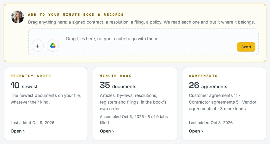 Close-up of Rachel's drop box above the client file: recently added, the minute book and agreements, each with a count.