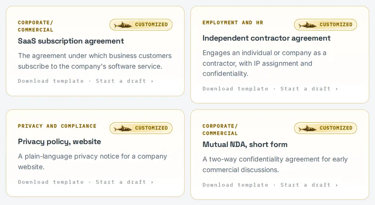 Close-up of four customized templates for the sample company.